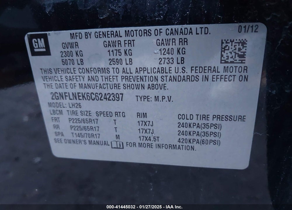 2012 CHEVROLET EQUINOX 2LT VIN: 2GNFLNEK6C6242397
