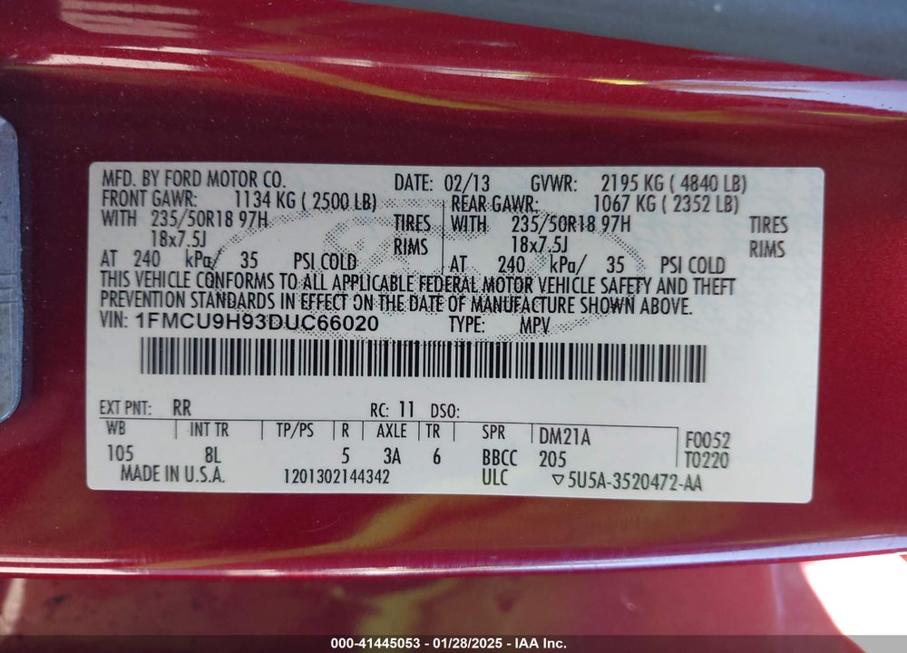 2013 FORD ESCAPE SEL VIN: 1FMCU9H93DUC66020