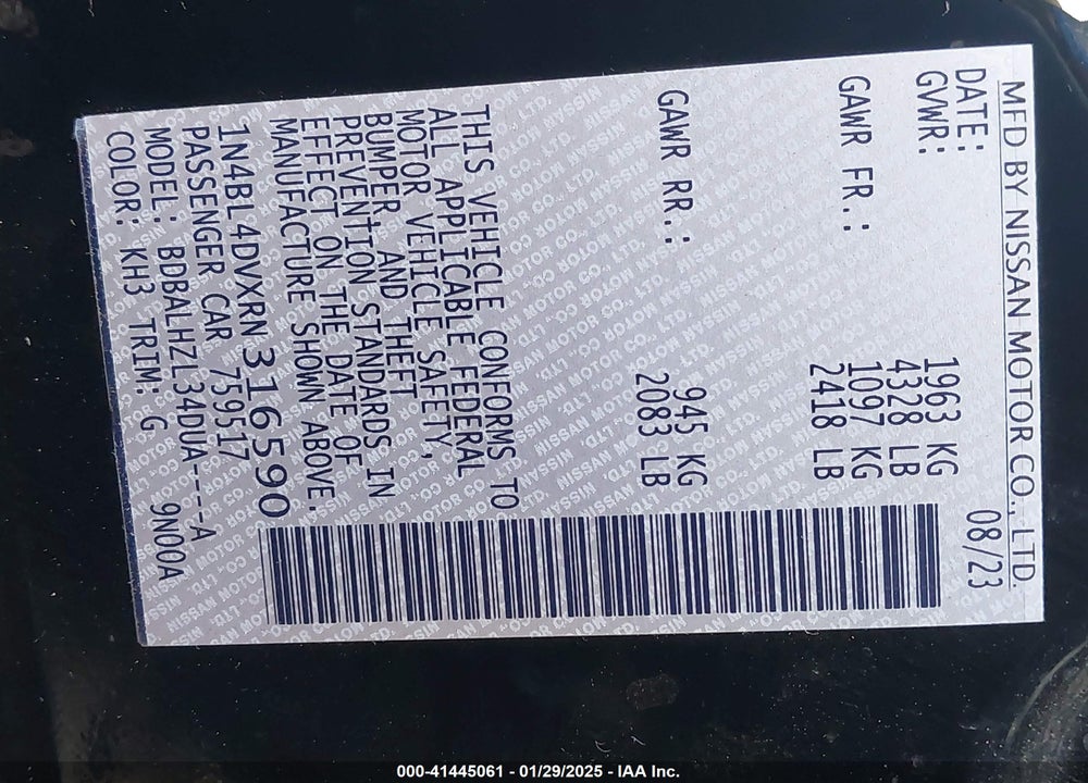 2024 NISSAN ALTIMA VIN: 1N4BL4DVXRN316590