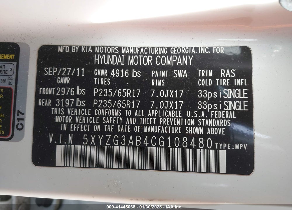 2012 HYUNDAI SANTA FE GLS VIN: 5XYZG3AB4CG108480