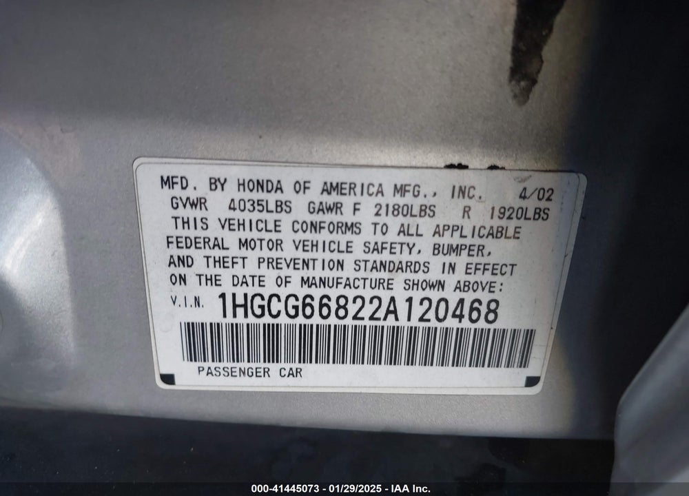 2002 HONDA ACCORD 2.3 EX/2.3 SE VIN: 1HGCG66822A120468