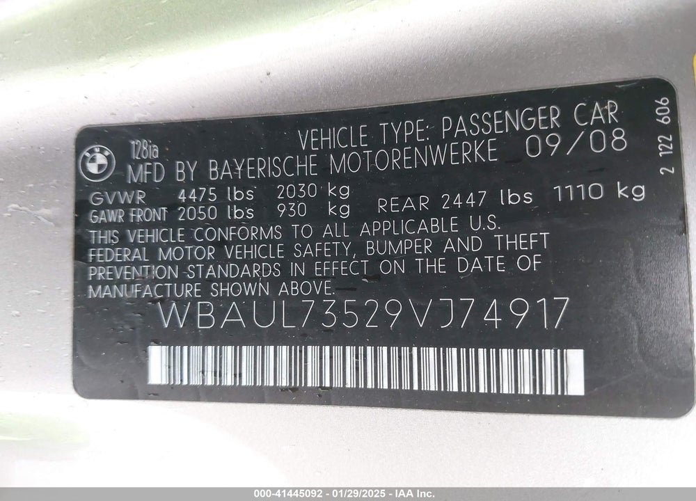 2009 BMW 128I VIN: WBAUL73529VJ74917