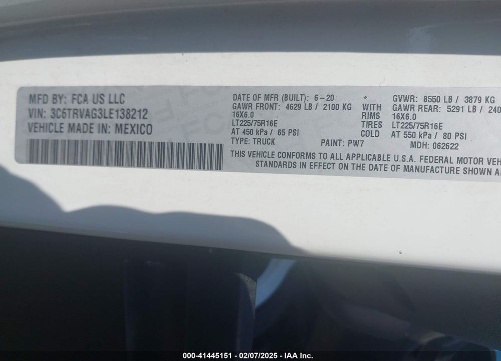 2020 RAM PROMASTER 1500 LOW ROOF 136 WB VIN: 3C6TRVAG3LE138212