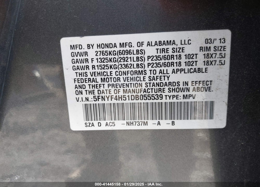 2013 HONDA PILOT EX-L VIN: 5FNYF4H51DB055539