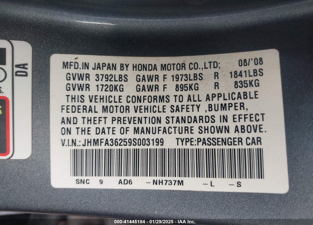 2009 HONDA CIVIC HYBRID VIN: JHMFA36259S003199