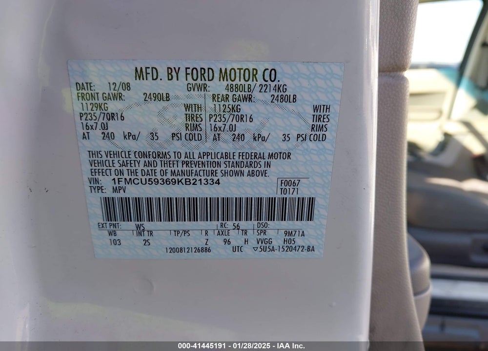 2009 FORD ESCAPE HYBRID VIN: 1FMCU59369KB21334
