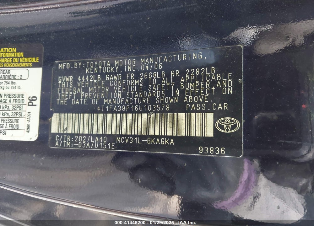 2006 TOYOTA CAMRY SOLARA VIN: 4T1FA38P16U103578