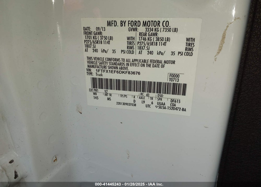 2013 FORD F150 VIN: 1FTFX1EF6DKF83676