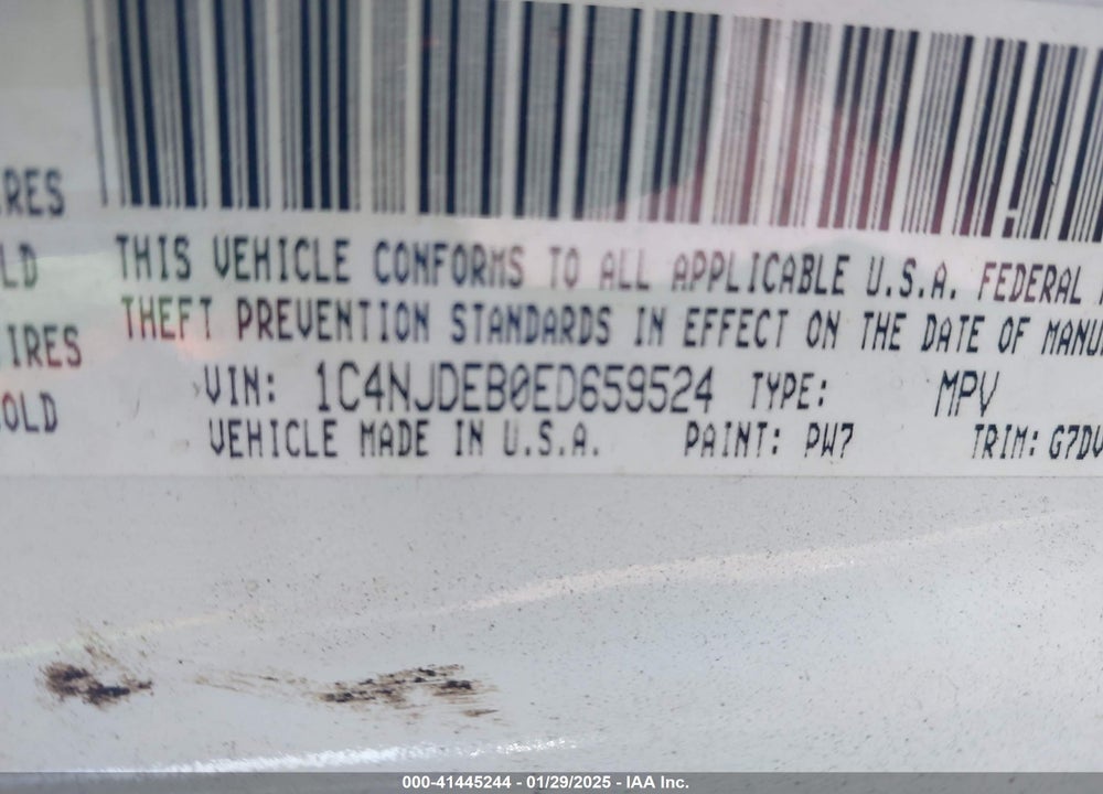 2014 JEEP COMPASS LATITUDE VIN: 1C4NJDEB0ED659524