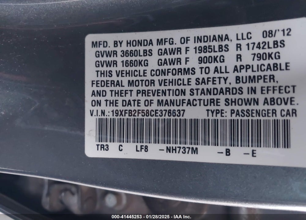 2012 HONDA CIVIC LX VIN: 19XFB2F58CE376637