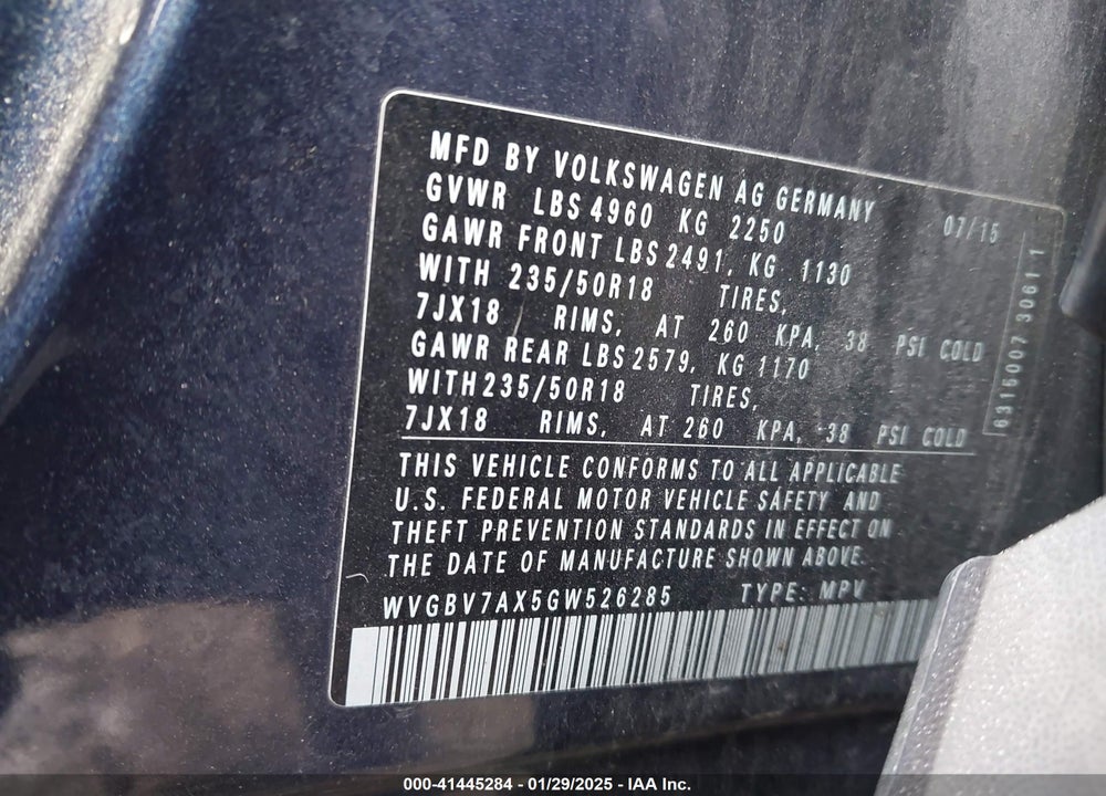 2016 VOLKSWAGEN TIGUAN SE VIN: WVGBV7AX5GW526285