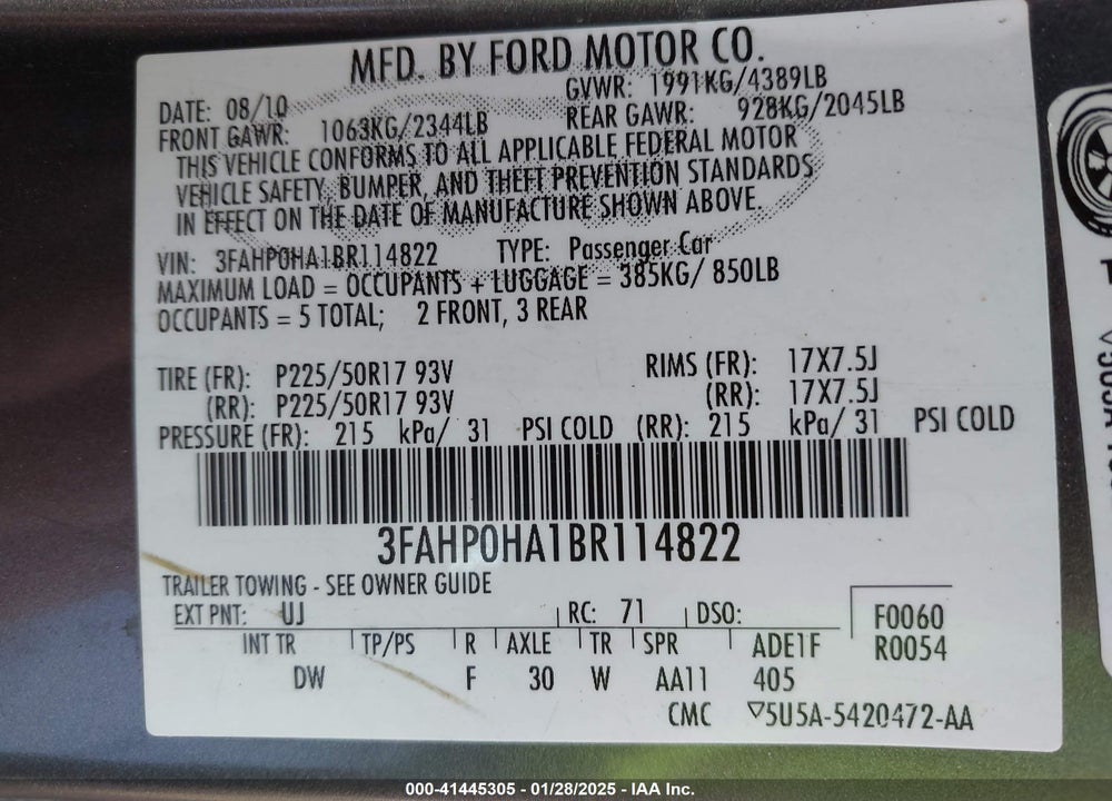2011 FORD FUSION SE VIN: 3FAHP0HA1BR114822