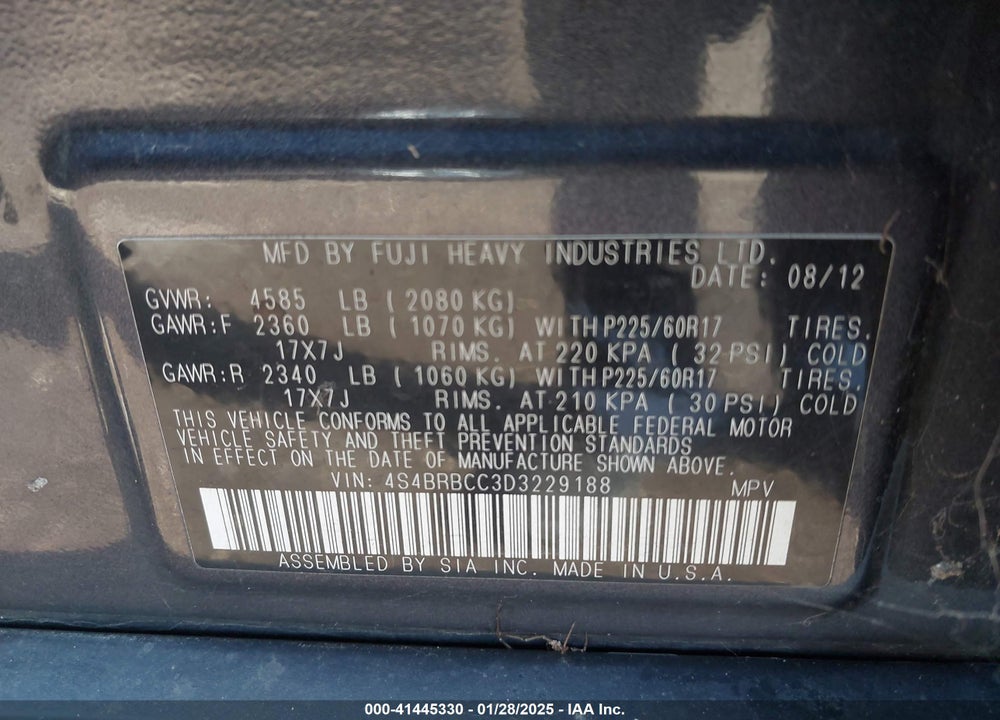 2013 SUBARU OUTBACK 2.5I PREMIUM VIN: 4S4BRBCC3D3229188