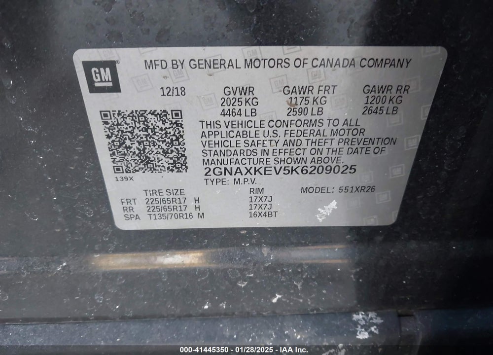 2019 CHEVROLET EQUINOX VIN: 2GNAXKEV5K6209025