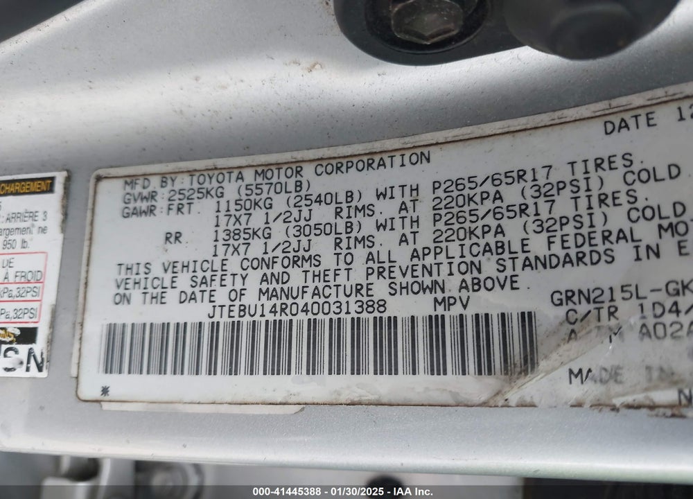 2004 TOYOTA 4RUNNER SR5 V6 VIN: JTEBU14R040031388