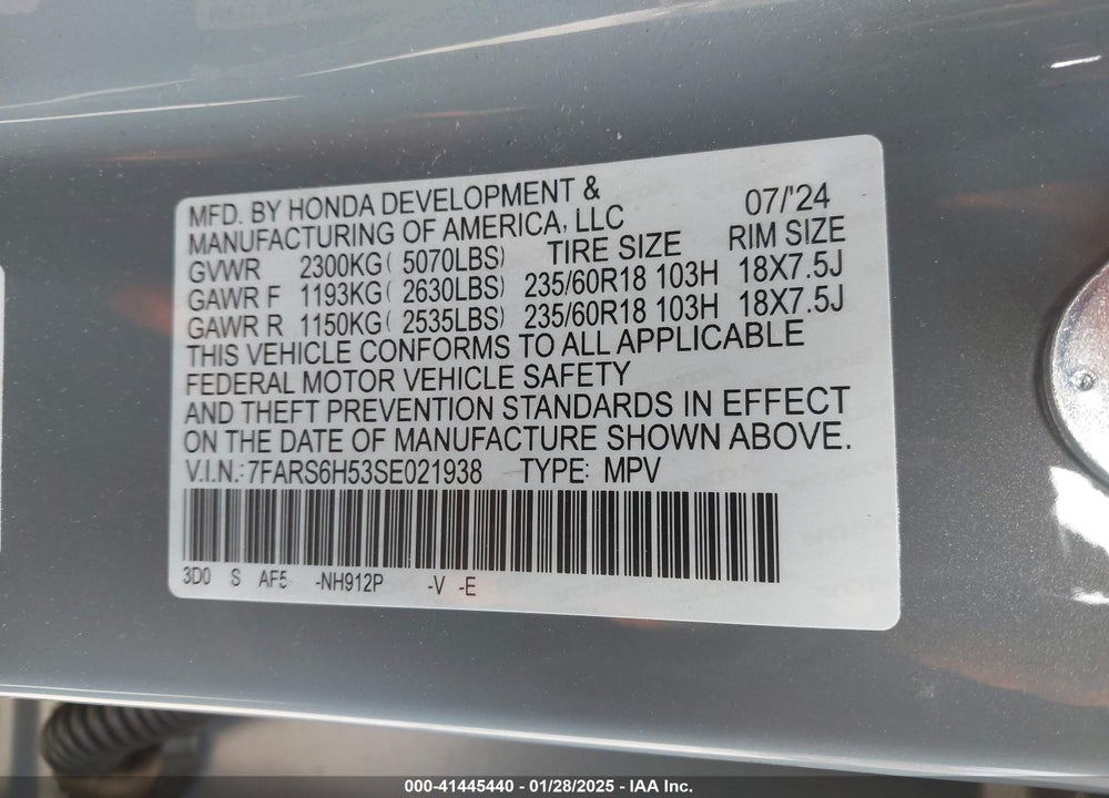 2025 HONDA CR-V VIN: 7FARS6H53SE021938
