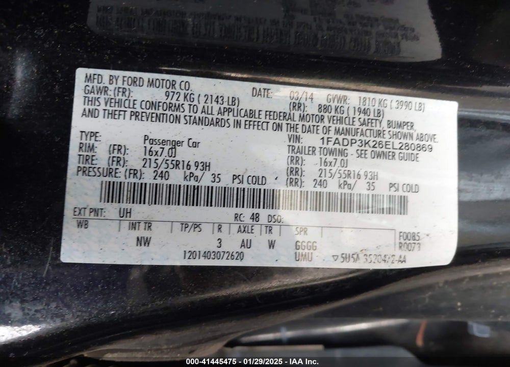 2014 FORD FOCUS VIN: 1FADP3K26EL280869