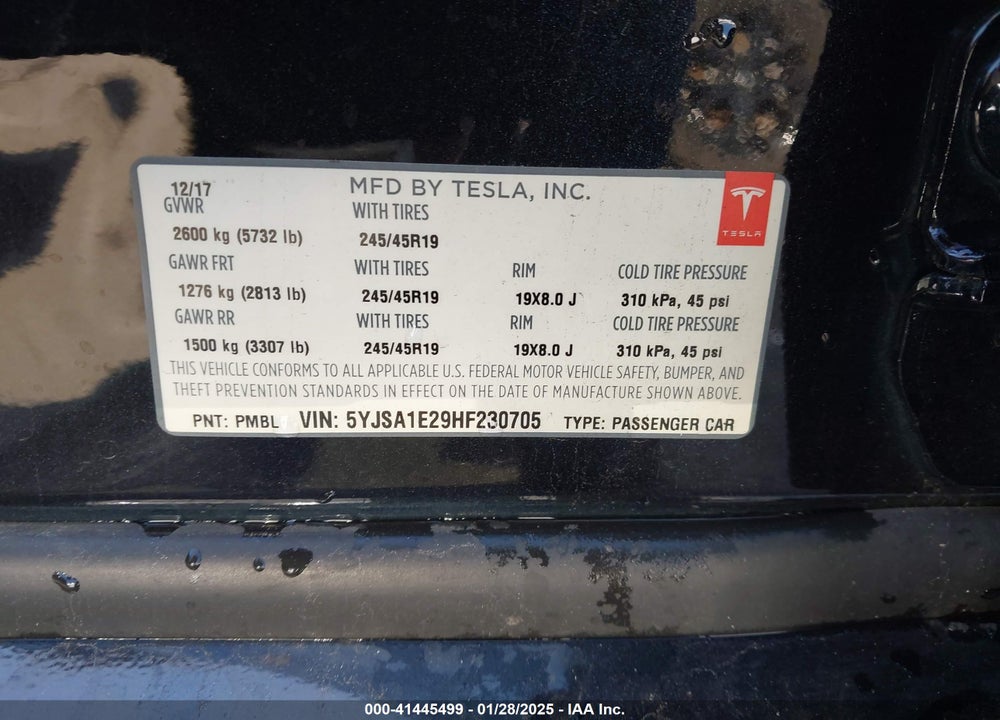 2017 TESLA MODEL S VIN: 5YJSA1E29HF230705