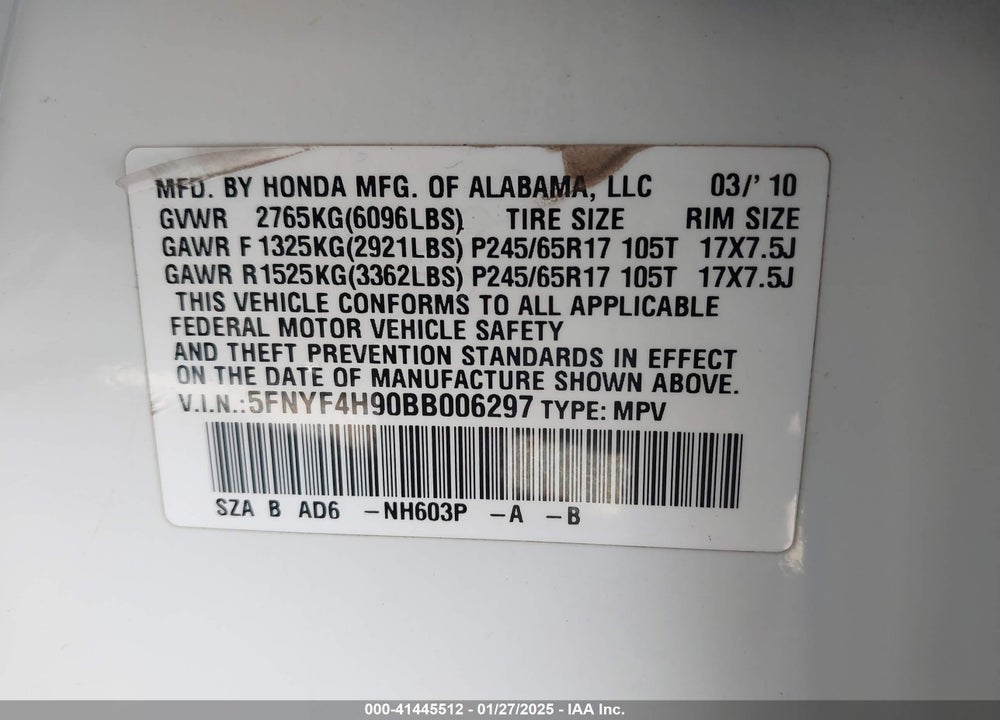 2011 HONDA PILOT TOURING VIN: 5FNYF4H90BB006297
