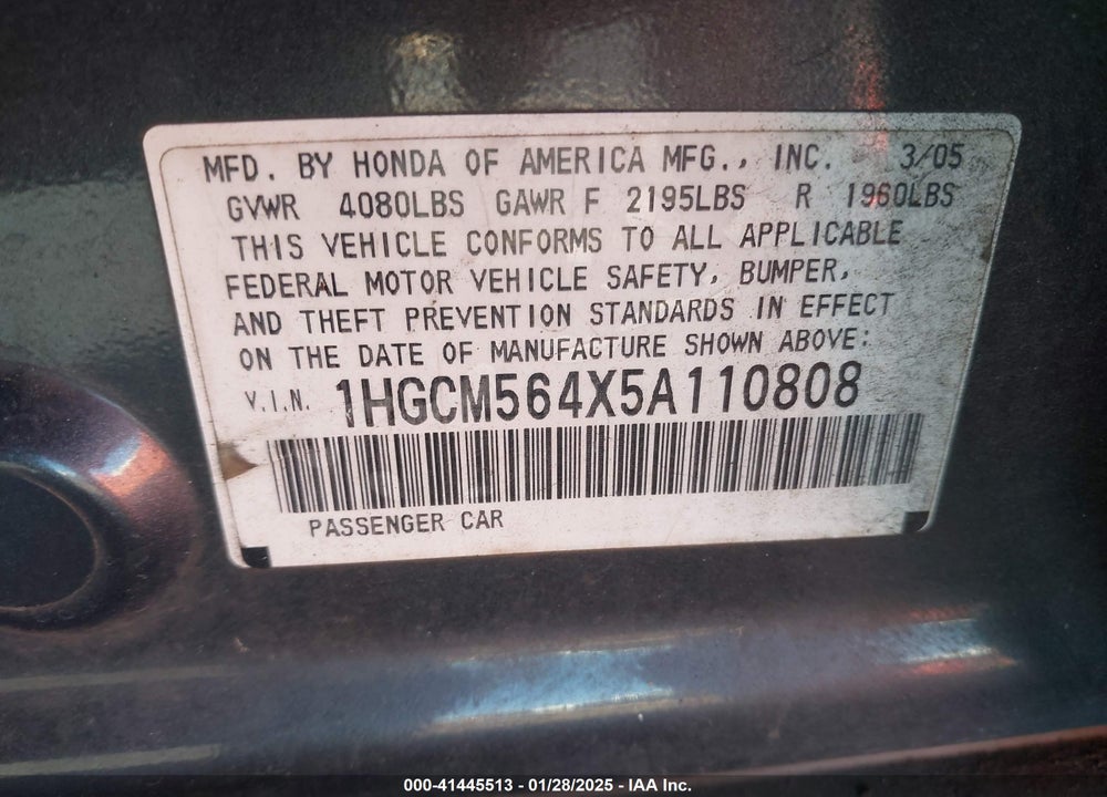 2005 HONDA ACCORD 2.4 LX VIN: 1HGCM564X5A110808