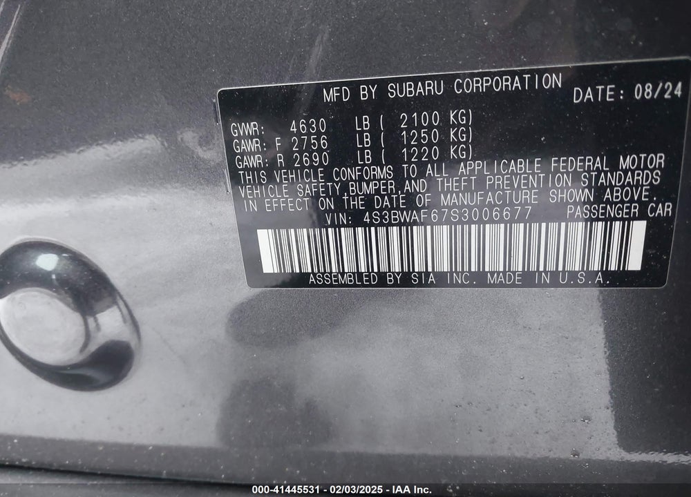 2025 SUBARU LEGACY VIN: 4S3BWAF67S3006677