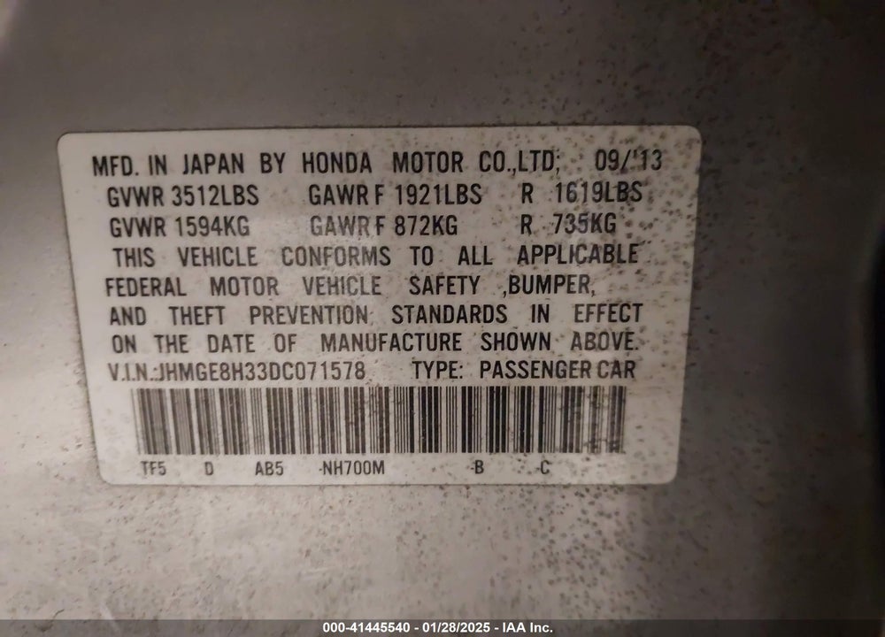 2013 HONDA FIT VIN: JHMGE8H33DC071578