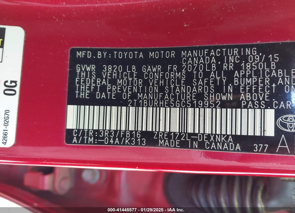 2016 TOYOTA COROLLA VIN: 2T1BURHE5GC519952