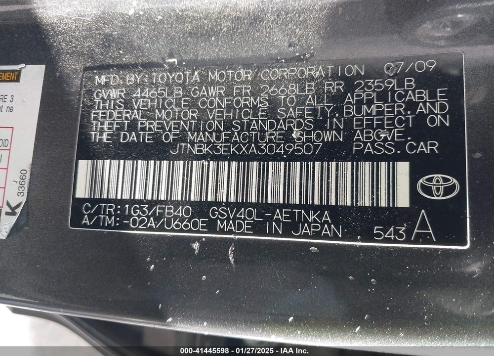 2010 TOYOTA CAMRY LE V6 VIN: JTNBK3EKXA3049507