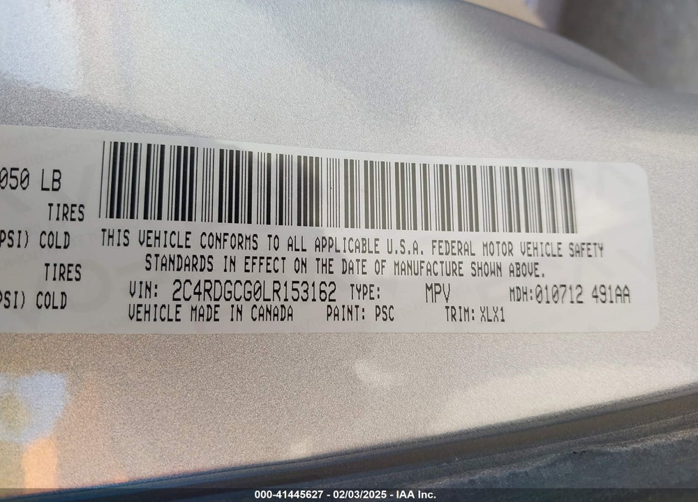 2020 DODGE GRAND CARAVAN SXT VIN: 2C4RDGCG0LR153162
