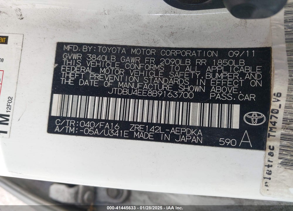 2011 TOYOTA COROLLA VIN: JTDBU4EE8B9163700