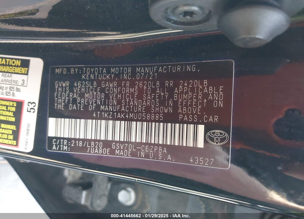 2021 TOYOTA CAMRY VIN: 4T1KZ1AK4MU058885