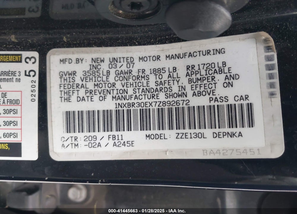 2007 TOYOTA COROLLA LE VIN: 1NXBR30EX7Z892672