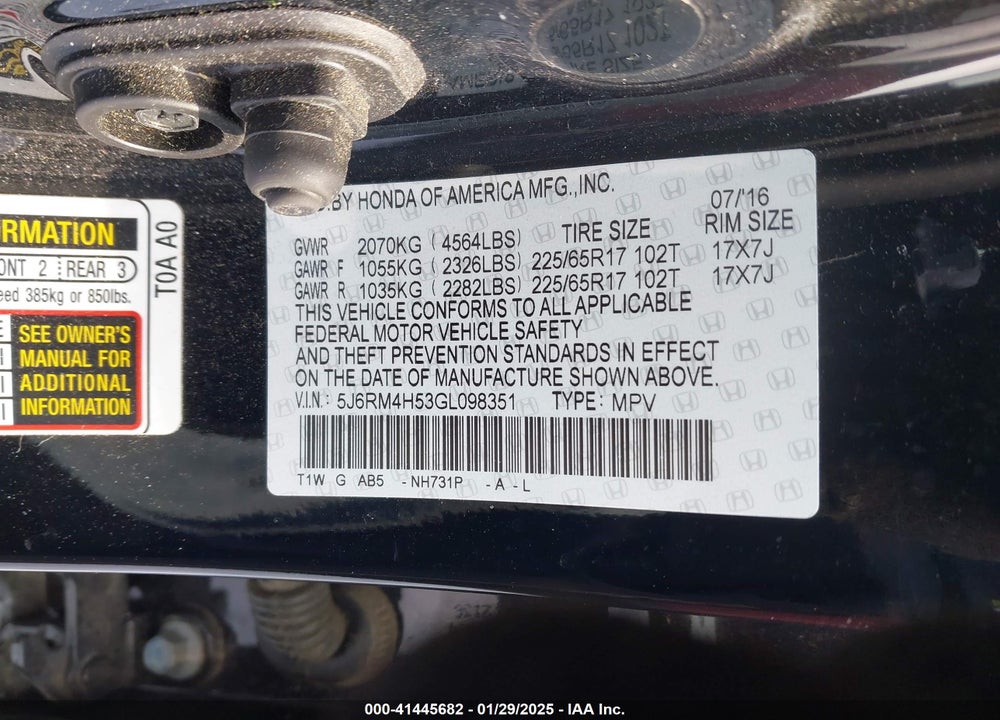 2016 HONDA CR-V VIN: 5J6RM4H53GL098351