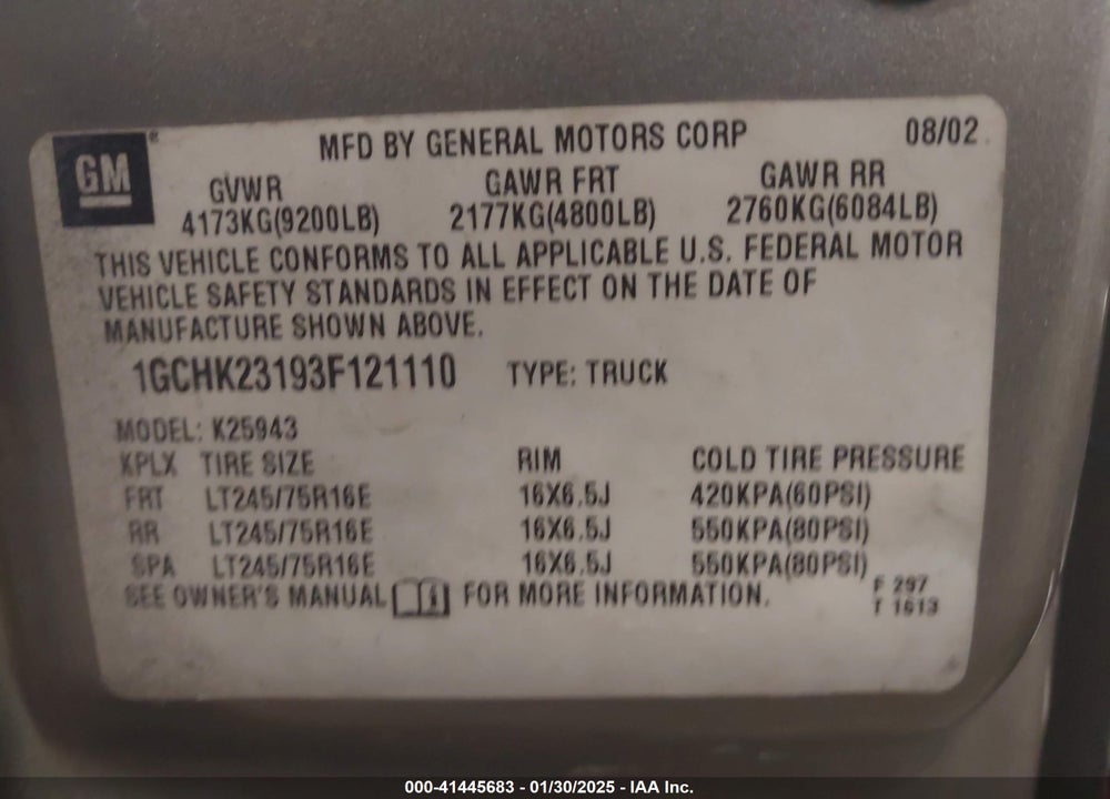 2003 CHEVROLET SILVERADO 2500HD LS VIN: 1GCHK23193F121110