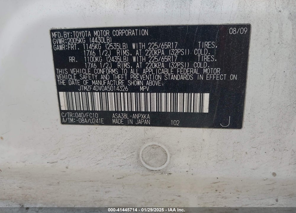 2010 TOYOTA RAV4 VIN: JTMZF4DV0A5014326