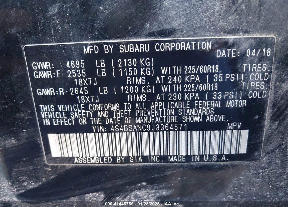 2018 SUBARU OUTBACK VIN: 4S4BSANC9J3364571