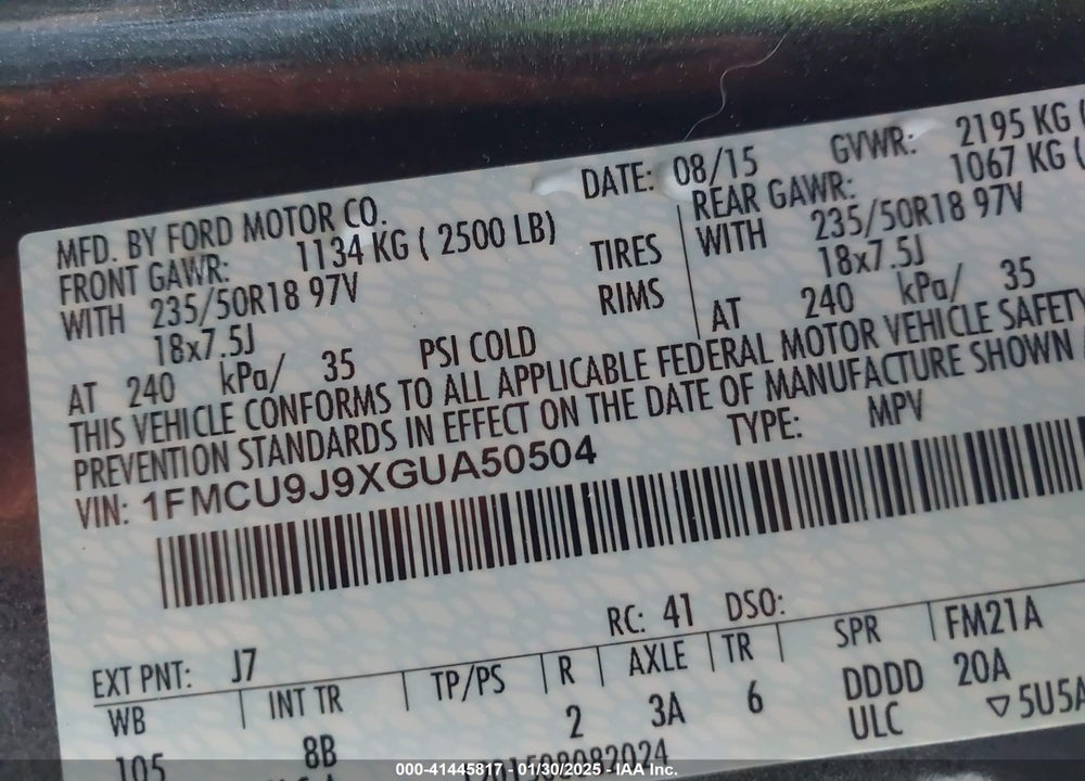 2016 FORD ESCAPE TITANIUM VIN: 1FMCU9J9XGUA50504