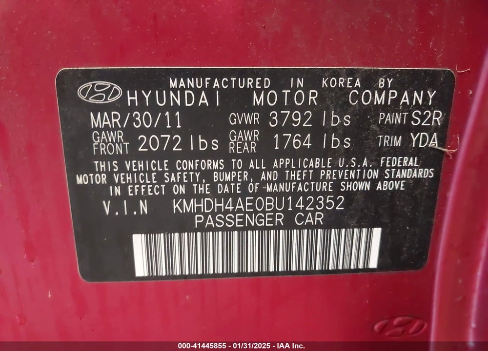 2011 HYUNDAI ELANTRA VIN: KMHDH4AE0BU142352