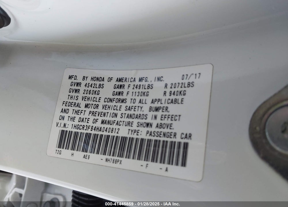 2017 HONDA ACCORD TOURING V6 VIN: 1HGCR3F94HA040812