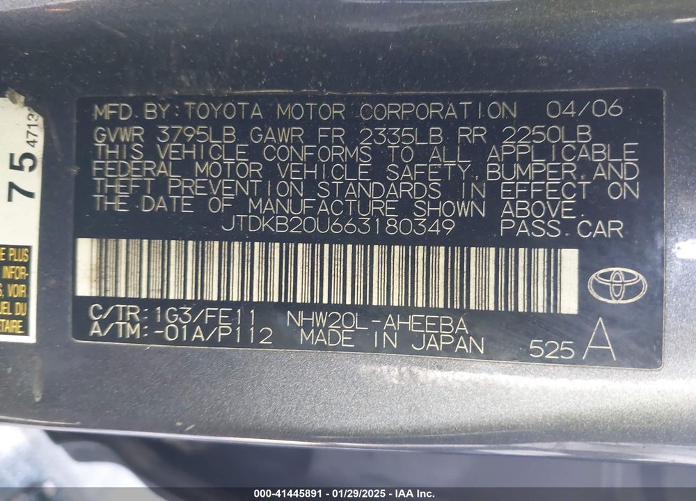 2006 TOYOTA PRIUS VIN: JTDKB20U663180349