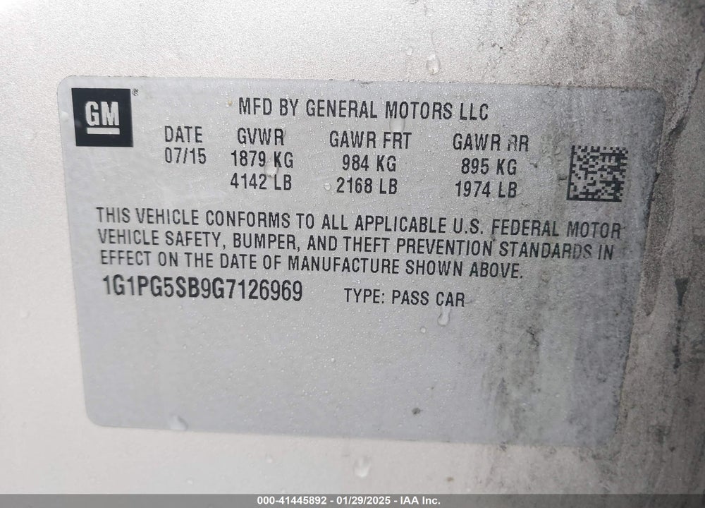 2016 CHEVROLET CRUZE LIMITED VIN: 1G1PG5SB9G7126969