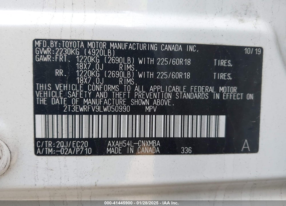 2020 TOYOTA RAV4 HYBRID VIN: 2T3EWRFV9LW050990