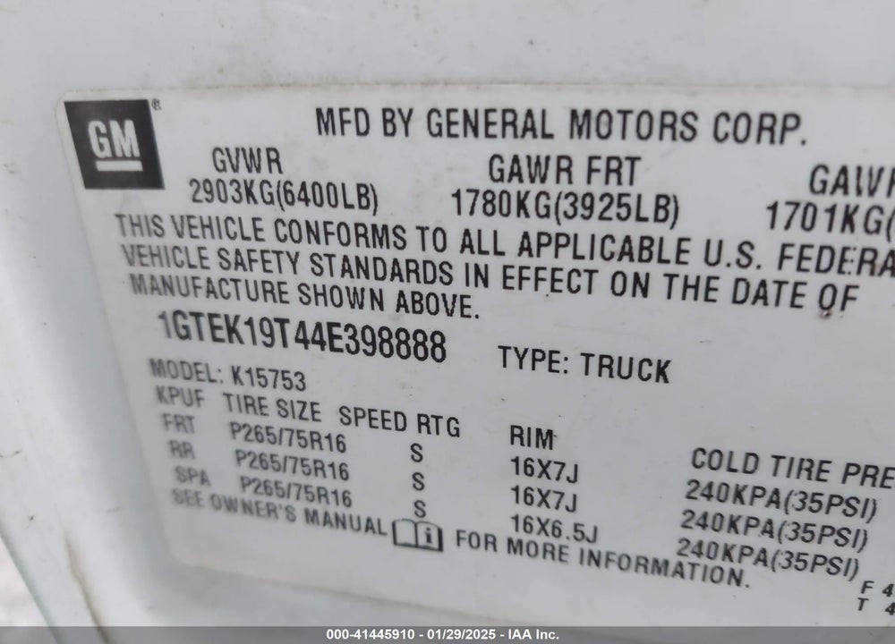 2004 GMC SIERRA 1500 SLE VIN: 1GTEK19T44E398888