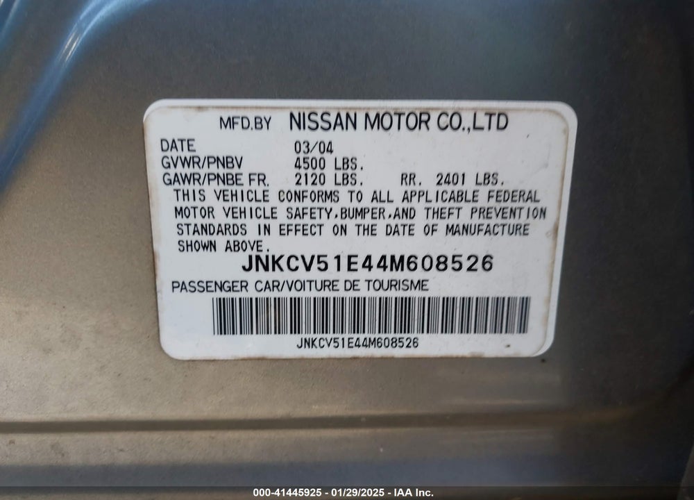 2004 INFINITI G35 VIN: JNKCV51E44M608526