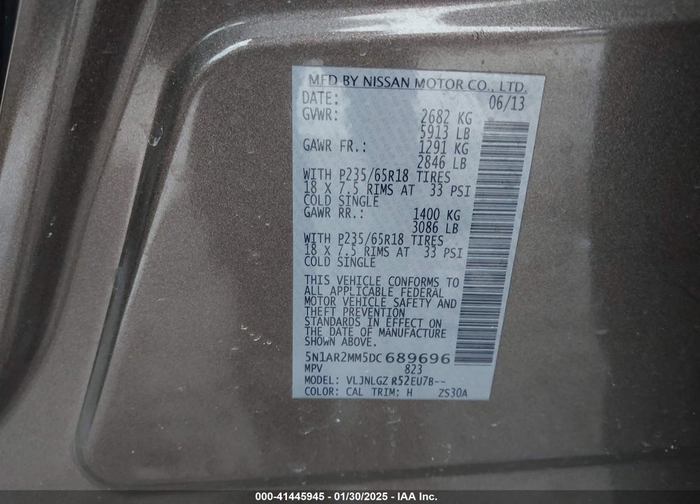 2013 NISSAN PATHFINDER SL VIN: 5N1AR2MM5DC689696