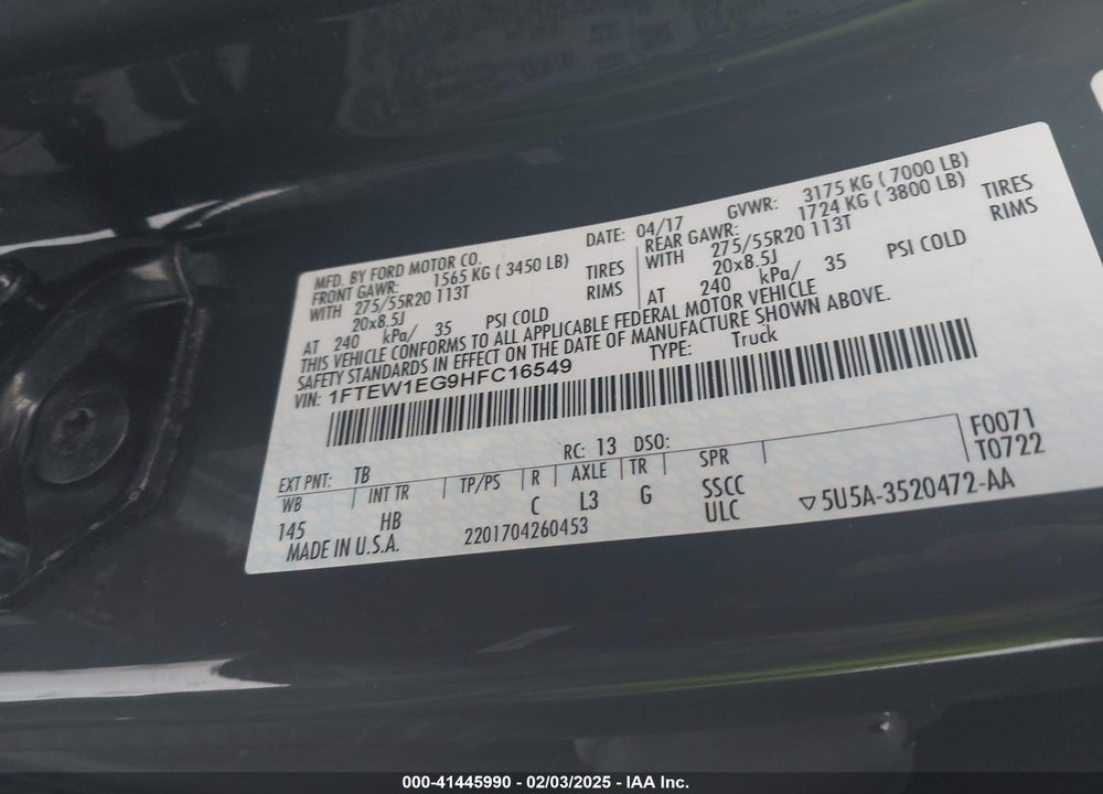 2017 FORD F150 VIN: 1FTEW1EG9HFC16549