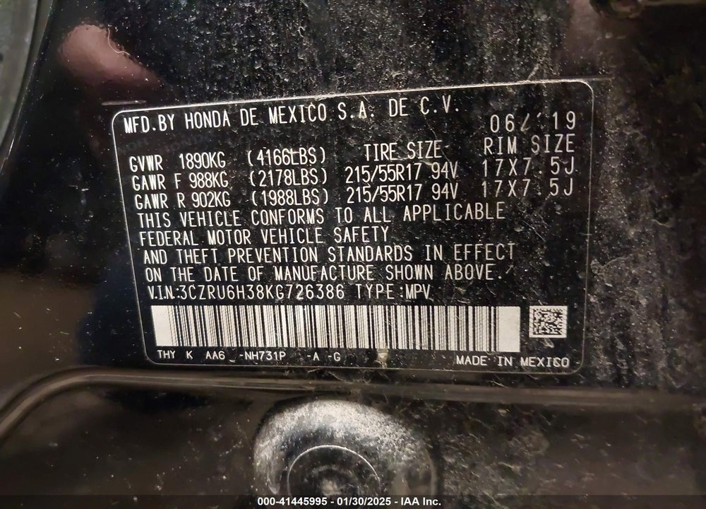 2019 HONDA HR-V LX VIN: 3CZRU6H38KG726386