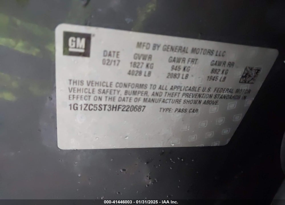 2017 CHEVROLET MALIBU VIN: 1G1ZC5ST3HF220687