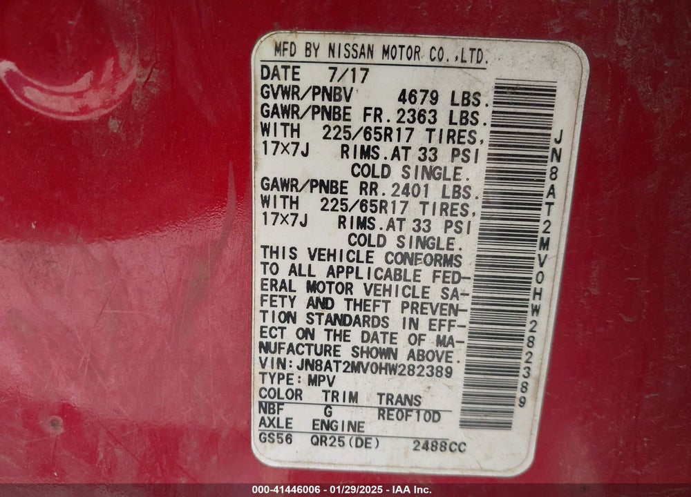 2017 NISSAN ROGUE SV VIN: JN8AT2MV0HW282389
