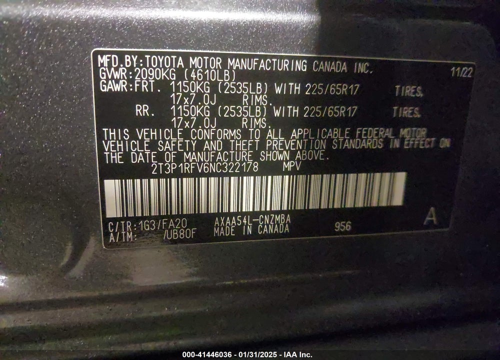 2022 TOYOTA RAV4 XLE VIN: 2T3P1RFV6NC322178